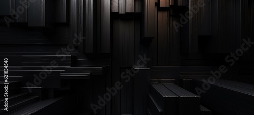 Fototapeta Naklejka Na Ścianę i Meble -  Abstract dark geometric black anthracite 3d texture wall with squares and rectangles background banner illustration, textured wallpaper (Generative Ai)