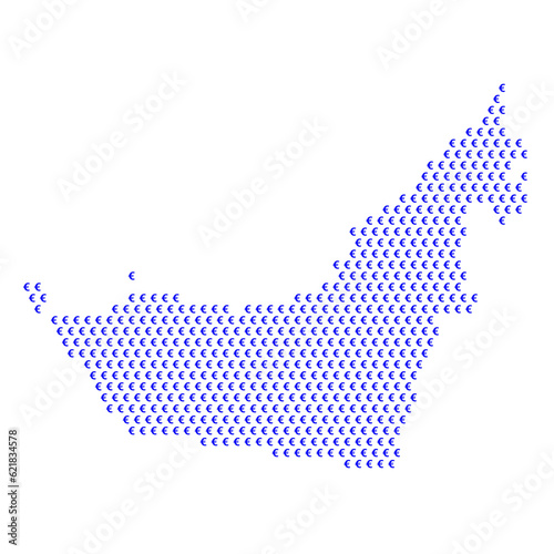 Map of the country of United Arab Emirates with blue Euro sign icons on a white background