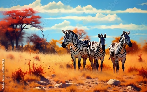 Three zebras standing in a field. AI