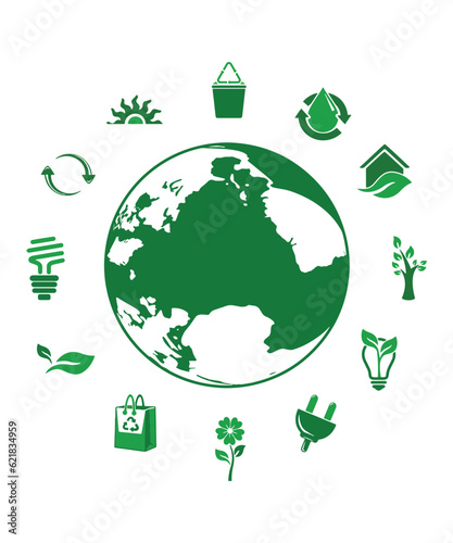 12 Different Energy And Environmental Protection Green Icons Around Planet Earth