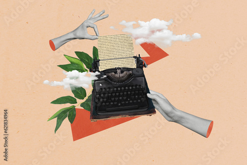 Collage creative picture of hands holding mechanical retro keyboard journalist typewriter antique document isolated on beige background photo