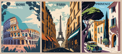 Set of Travel Destination Posters in retro style. Rome, Italy, Paris, France, Provence prints. Europe summer vacation, holidays concept. Vintage vector colorful illustrations.