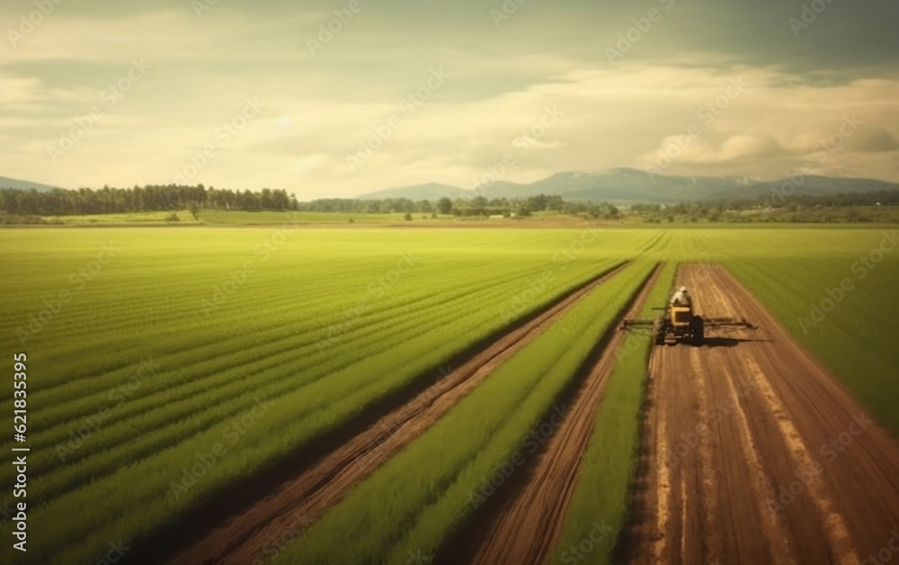 A tractor is driving through a green field. AI
