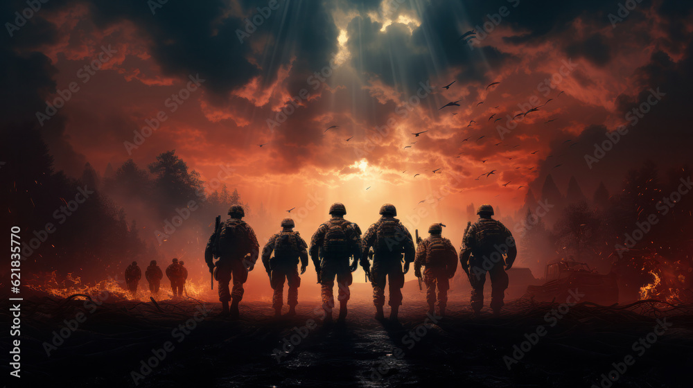 Military silhouettes on sunset sky background
