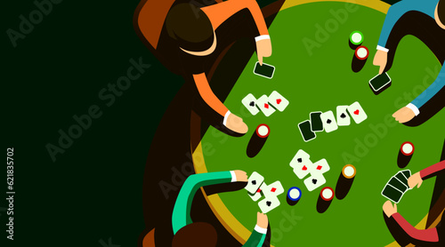 Group of people play poker at a round table in a dark room. Concept of casino and card games.