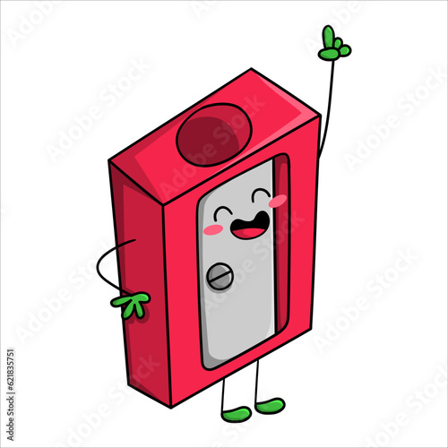 Illustration of a pencil sharpener in Kawaii style, smiling and with raised arm, design for t-shirt, clipart