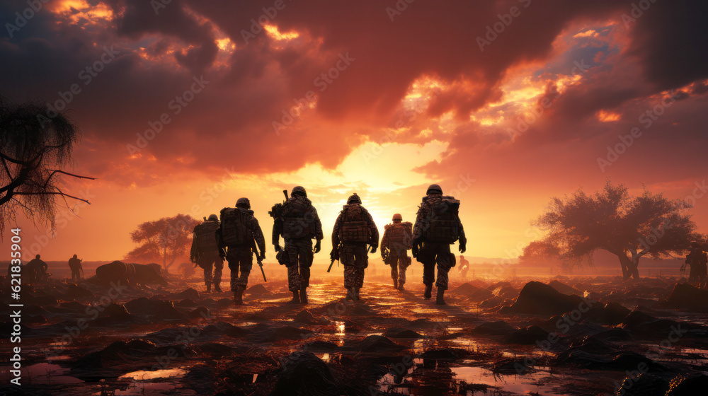 Military silhouettes on sunset sky background