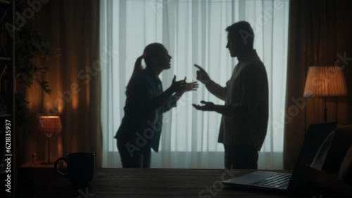 A man and a woman are arguing in the living room near the window. A silhouette of a couple arguing over the fact that the man spends too much time on the laptop.