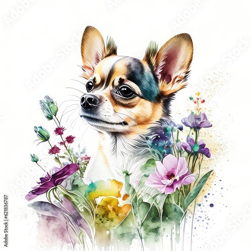 Chihuahua dog wild flowers watercolor on white background.