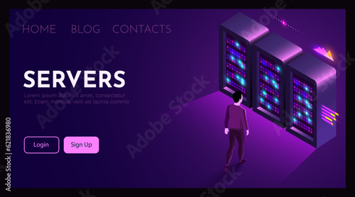 Man stands in front of servers. System administrator concept.