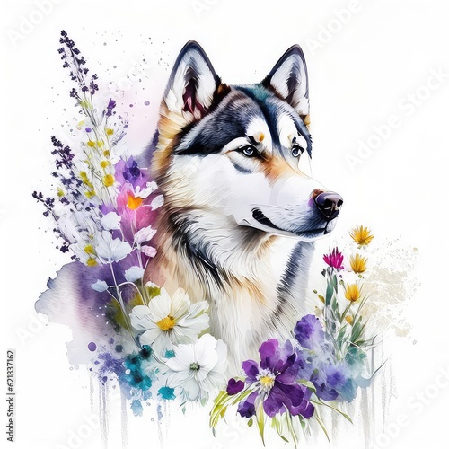 Siberian husky dog and wild flowers on white background.