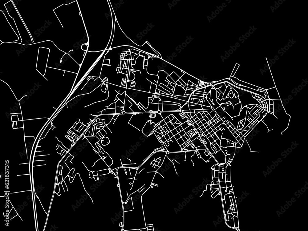 Vector road map of the city of  Crotone in the Italy with white roads on a black background.