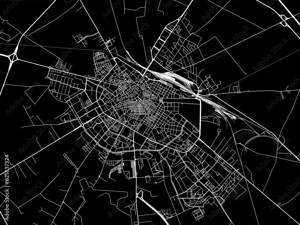 Vector road map of the city of  Foggia in the Italy with white roads on a black background.