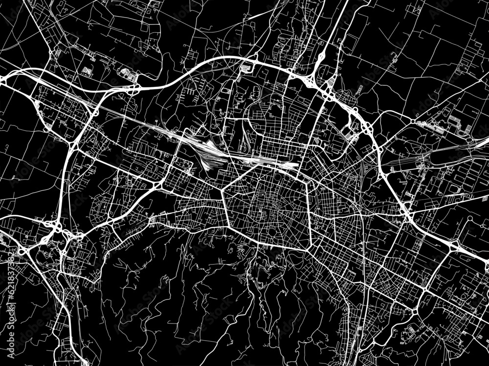 Vector road map of the city of  Bologna in the Italy with white roads on a black background.