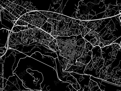 Vector road map of the city of  Aquila in the Italy with white roads on a black background.