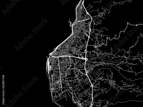Vector road map of the city of Regio di Calabria in the Italy with white roads on a black background.