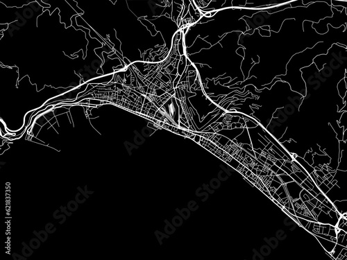 Vector road map of the city of  Salerno in the Italy with white roads on a black background.