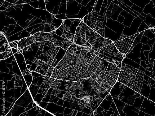 Vector road map of the city of Modena in the Italy with white roads on a black background.