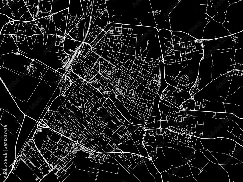 Vector road map of the city of  Ferrara in the Italy with white roads on a black background.