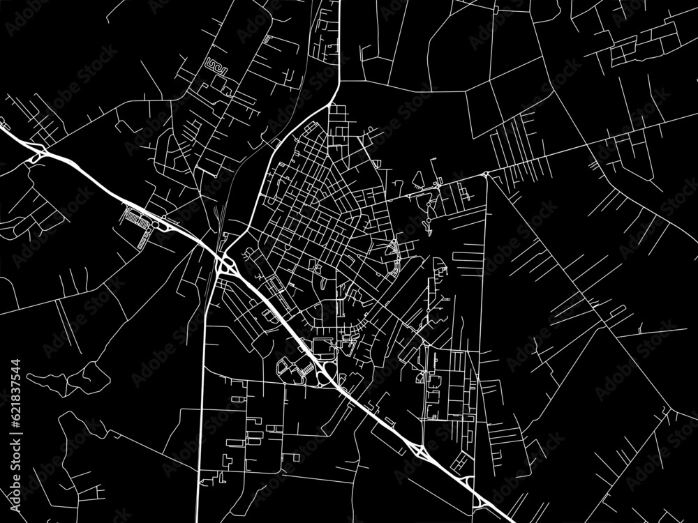 Vector road map of the city of  Aprilia in the Italy with white roads on a black background.