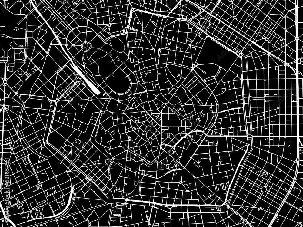 Vector road map of the city of  Milan Cetro in the Italy with white roads on a black background.