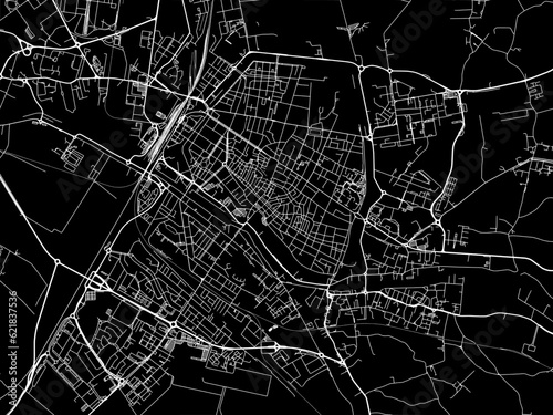 Vector road map of the city of  Ferrara in the Italy with white roads on a black background.