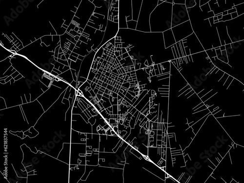 Vector road map of the city of Aprilia in the Italy with white roads on a black background.