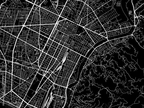 Vector road map of the city of Torino in the Italy with white roads on a black background.