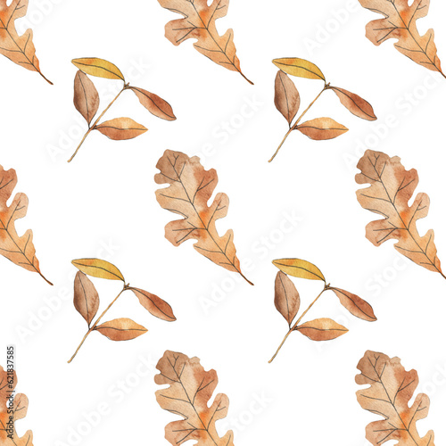 Watercolor hand drawn seamless pattern with red orange yellow fall autumn leaves  maple oak vine leaf. October september thanksgiving background with leaves.