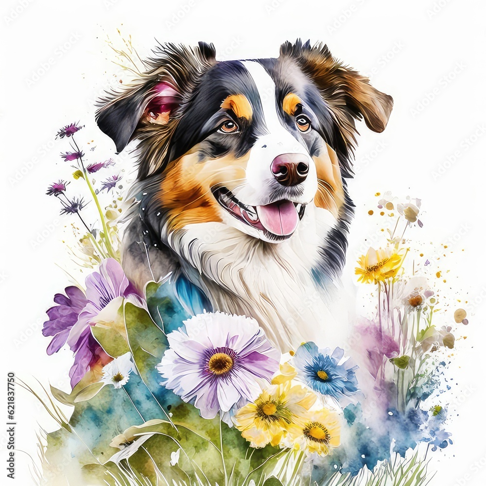 Fototapeta premium Australian shepherd dog and flowers watercolor clipart on white background.