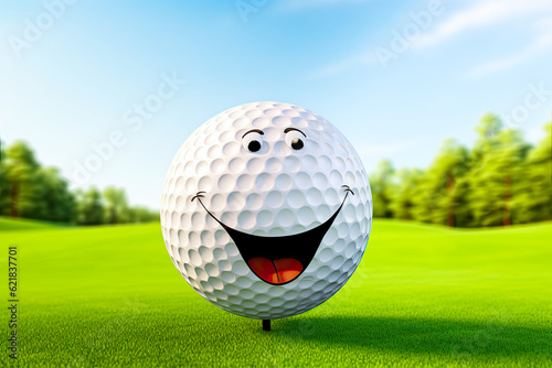 Smiling white golf ball on a tee on green grass with course background. Happy smile emoticon face in cartoon style. Golf and pitch and putt.