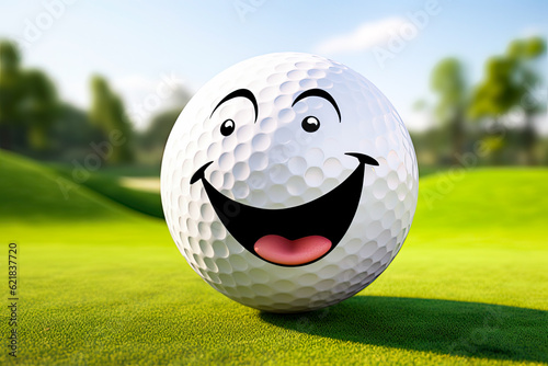Smiling white golf ball on green grass with course background. Happy smile emoticon face in cartoon style. Golf and pitch and putt.