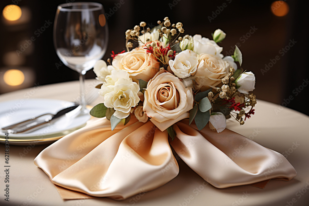 Elegant table setting in white beige tones ready for the arrival of guests. Beautiful bouquet of white roses on table in restaurant, closeup.  Generative AI technology.