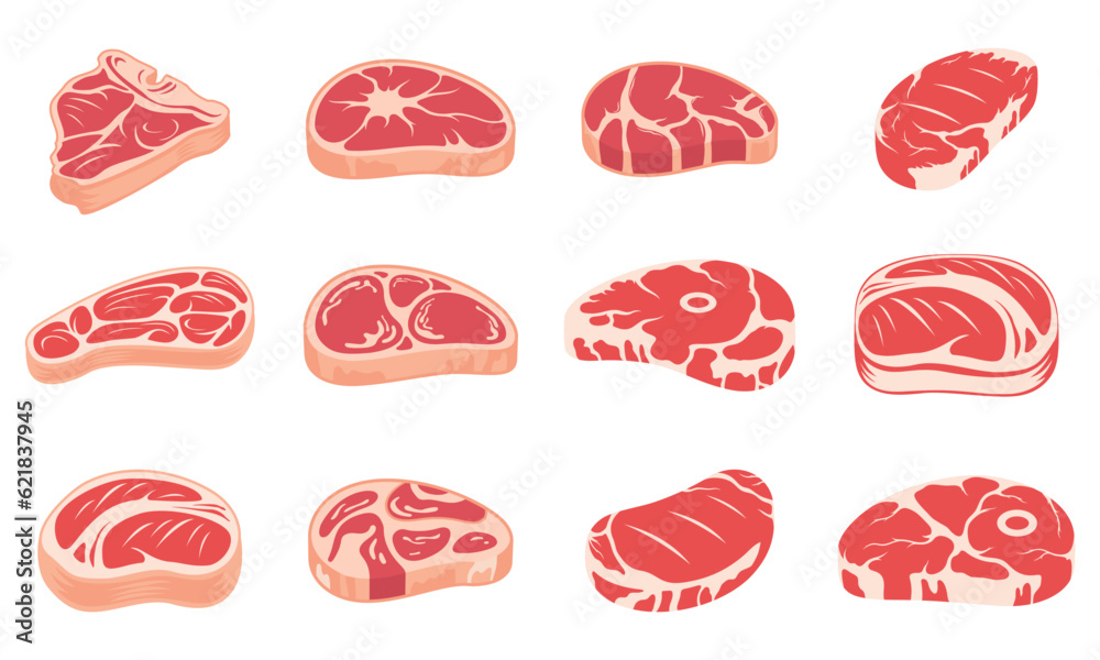 set of beef steak isolated on white background