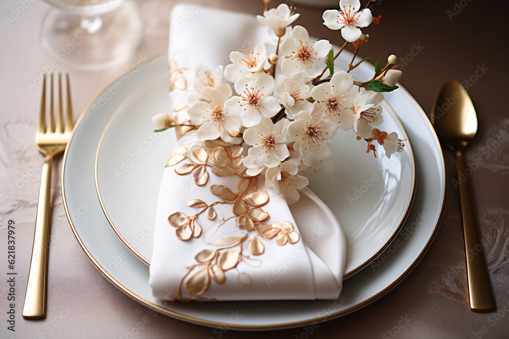 Elegant table setting with beautiful flowers on table, closeup. Table set for an event party or wedding reception. Centerpieces flower. Generative AI technology.