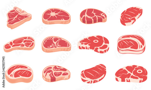 set of beef steak isolated on white background