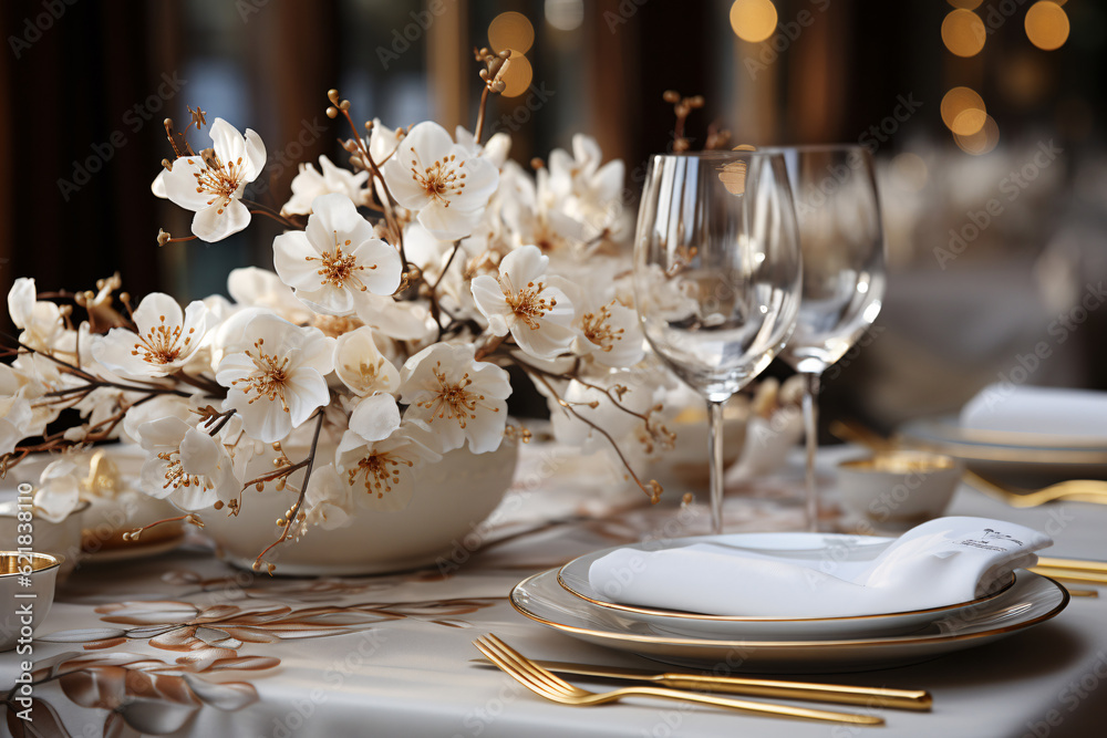 Elegant table setting in white beige tones ready for the arrival of guests. Table set for an event party or wedding reception. Centerpieces flower. Generative AI technology.