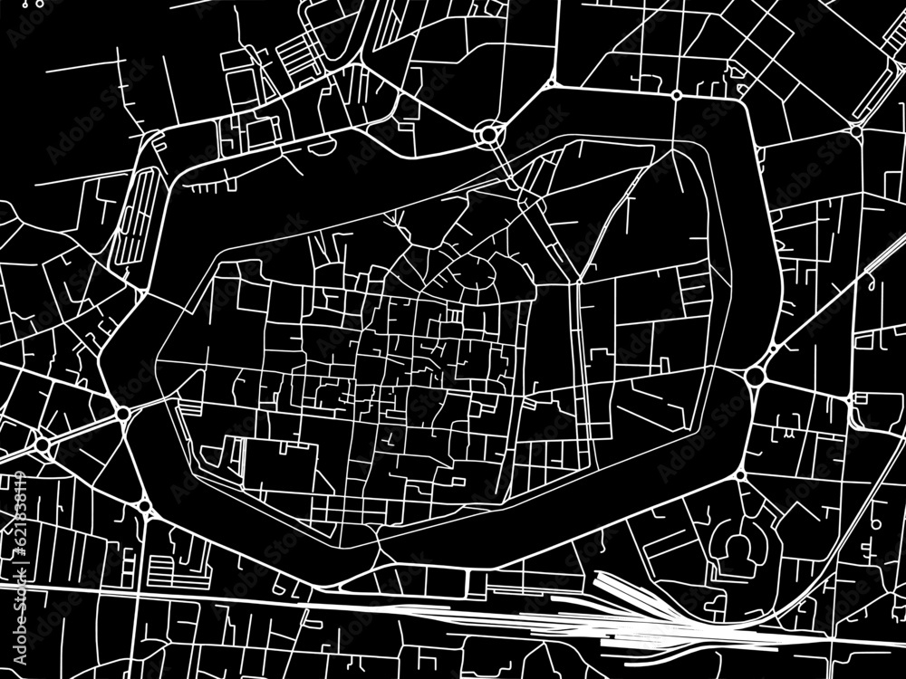 Vector road map of the city of  Lucca Centro in the Italy with white roads on a black background.