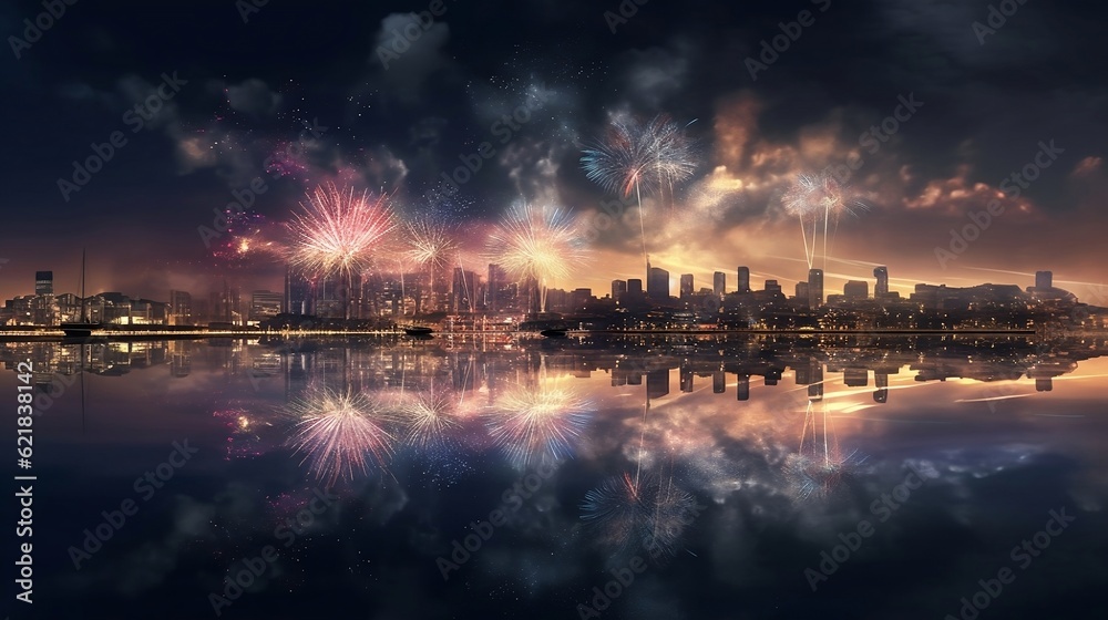 Fireworks over a city. Generative AI