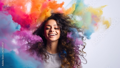 Happy Indian girl smiling in a cloud of colorful smoke and powder on a white background, having fun, colors, LGBTQ+, party, peace, inclusive, beauty, freedom. Generative AI.