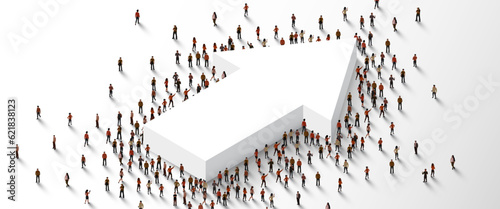 Large group of people standing around growing arrow symbol.