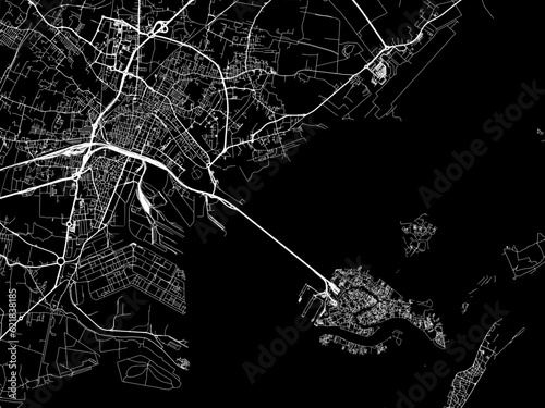 Vector road map of the city of  Venice in the Italy with white roads on a black background.
