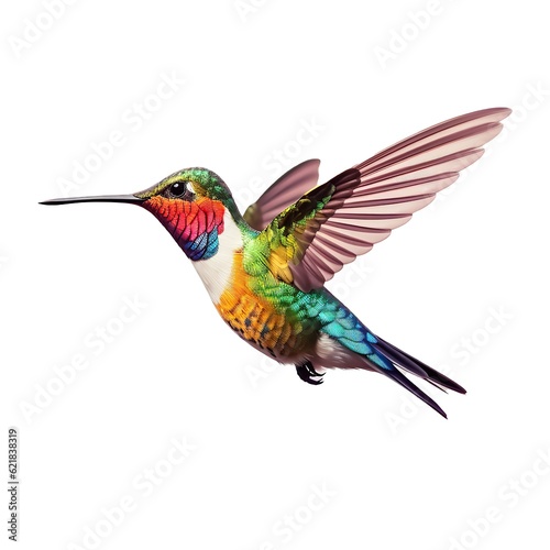 Illustration of a vibrant hummingbird in flight with colorful feathers created with Generative AI technology