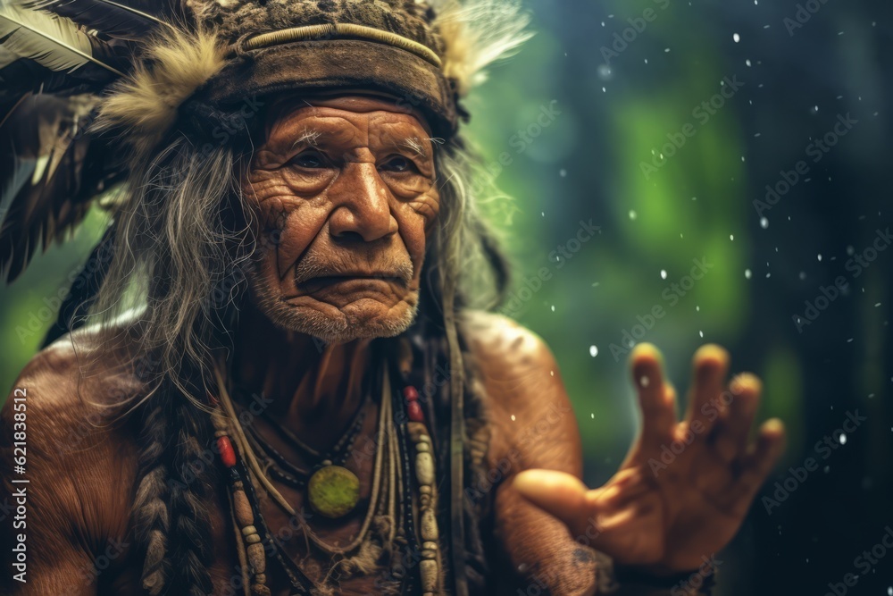A serene image featuring an indigenous elder or shaman imparting wisdom to younger generations, emphasizing the deep connection with nature and ancestral knowledge. Generative Ai