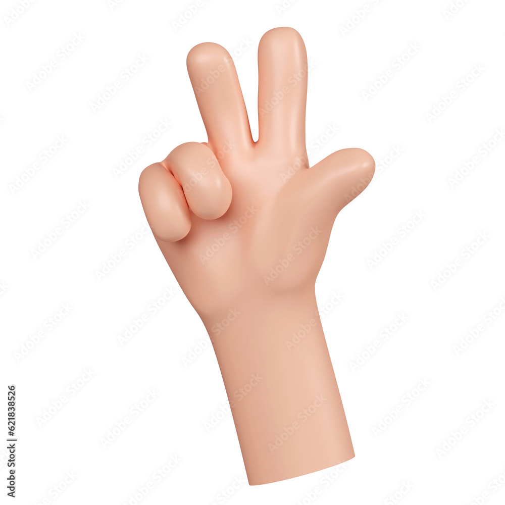3d Cartoon character hand gesture. Counting on fingers. Hand gesture number three. The thumb. icon isolated on pink background. 3d rendering illustration. Clipping path. 3d Cartoon character hand gesture. Counting on fingers. Hand gesture number three. The thumb. icon isolated on pink background. 3d rendering illustration. Clipping path.