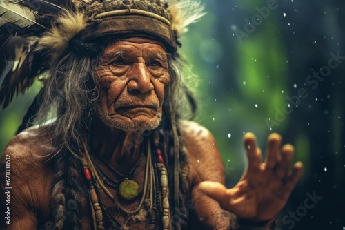 A serene image featuring an indigenous elder or shaman imparting wisdom to younger generations, emphasizing the deep connection with nature and ancestral knowledge. Generative Ai