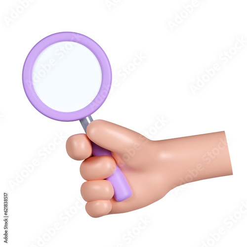3d hand hold magnifying glass. Search icon. icon isolated on pink background. 3d rendering illustration. Clipping path.