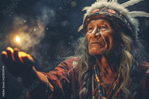 Fototapeta A serene image featuring an indigenous elder or shaman imparting wisdom to younger generations, emphasizing the deep connection with nature and ancestral knowledge