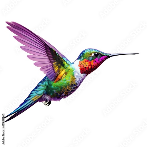 Illustration of a vibrant hummingbird in mid-flight through a colorful backdrop created with Generative AI technology © Karlaage