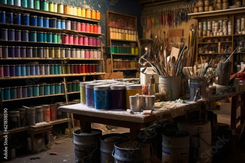 Paint cans, brushes, and other accessories in a paint shop, creating an inviting and organized shopping environment. Generative Ai © bluebeat76